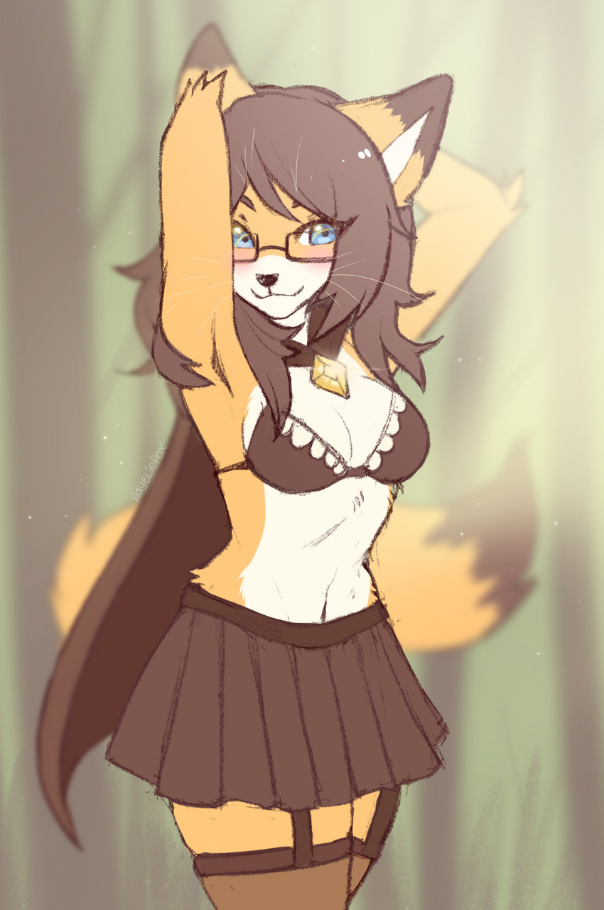 anthro blue_eyes bottomwear bra breasts clothed clothing eyewear female glasses midriff navel skirt smile solo standing underwear nayel-ie canid canine fox mammal 2020 digital_media_(artwork) hi_res