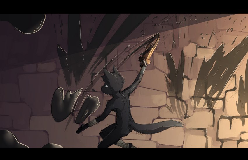 anthro black_bars black_body black_fur fight fur male nude solo wooden_sword wraps young young_anthro dakkawoof dakka canid canine canis goo_creature mammal wolf 2023 absurd_res hi_res letterbox