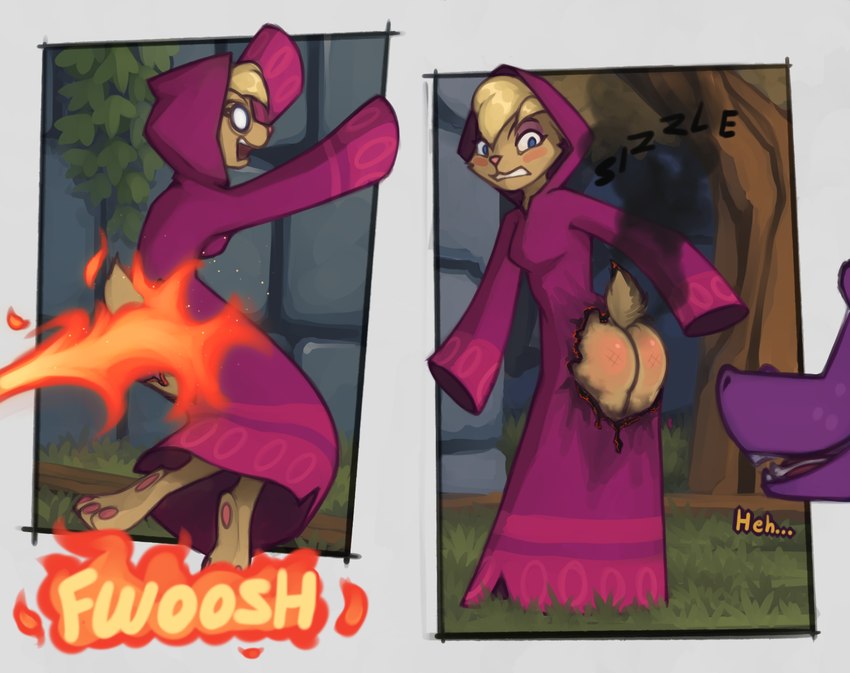 anthro burned burning burnt_clothing butt butt_on_fire clothing dialogue embarrassed exposed_butt female fire humiliation male pain text wardrobe_malfunction marsminer activision mythology spyro_the_dragon bianca_(spyro) dragon lagomorph leporid mammal mythological_creature mythological_scalie rabbit scalie 2023 english_text