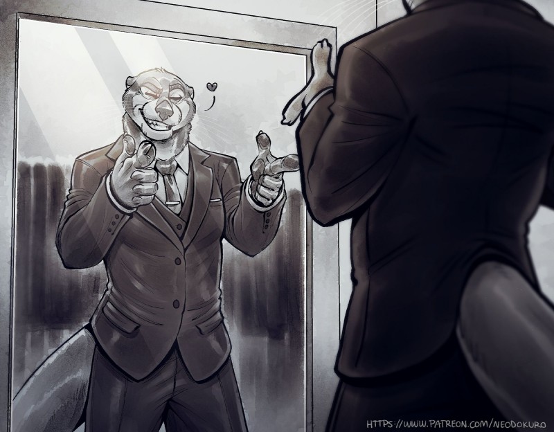 anthro clothed clothing heart_symbol male mirror necktie one_eye_closed smile solo standing suit text whiskers wink neodokuro mammal mustelid otter hi_res url