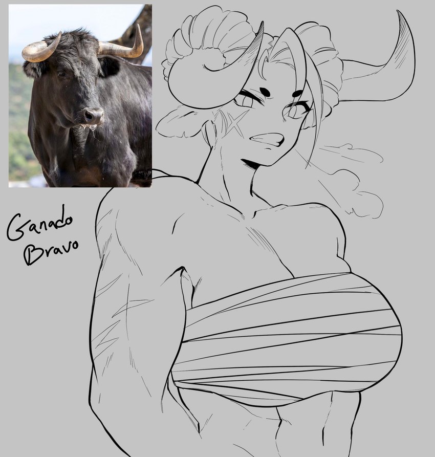 abs arm_scar bandage bandaged_chest big_breasts breasts cheek_scar clenched_teeth facial_scar female hair horn looking_at_viewer muscular muscular_female navel reference_image scar short_eyebrows short_hair solo teeth ushiji animal_humanoid bovid bovid_humanoid bovine bovine_humanoid cattle_humanoid humanoid mammal mammal_humanoid 2022 hi_res