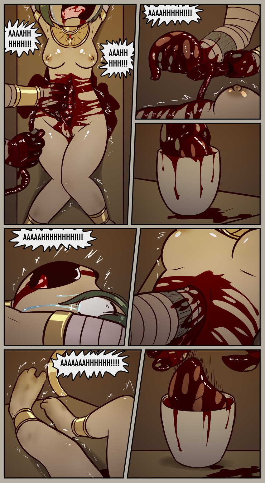 ahoge ankh anklet anthro blood blush bodily_fluids border bound breasts canopic_jar choker clitoris constricted_pupils container duo dying female genitals gore gore_focus guts gutted hair imminent_death intestines jar jewelry knife liver love male marriage_proposal mummification navel necklace nipples organs pain pupils pussy romantic romantic_couple sadism sadistic_smile screaming shaking slit_(wound) small_pupils stab struggling submissive submissive_female suffering sweat torture trembling under_boob wedding wince wounded yellow_border e254e dorotty_(e254e) canid canine canis domestic_dog jackal mammal mummy undead absurd_res comic hi_res