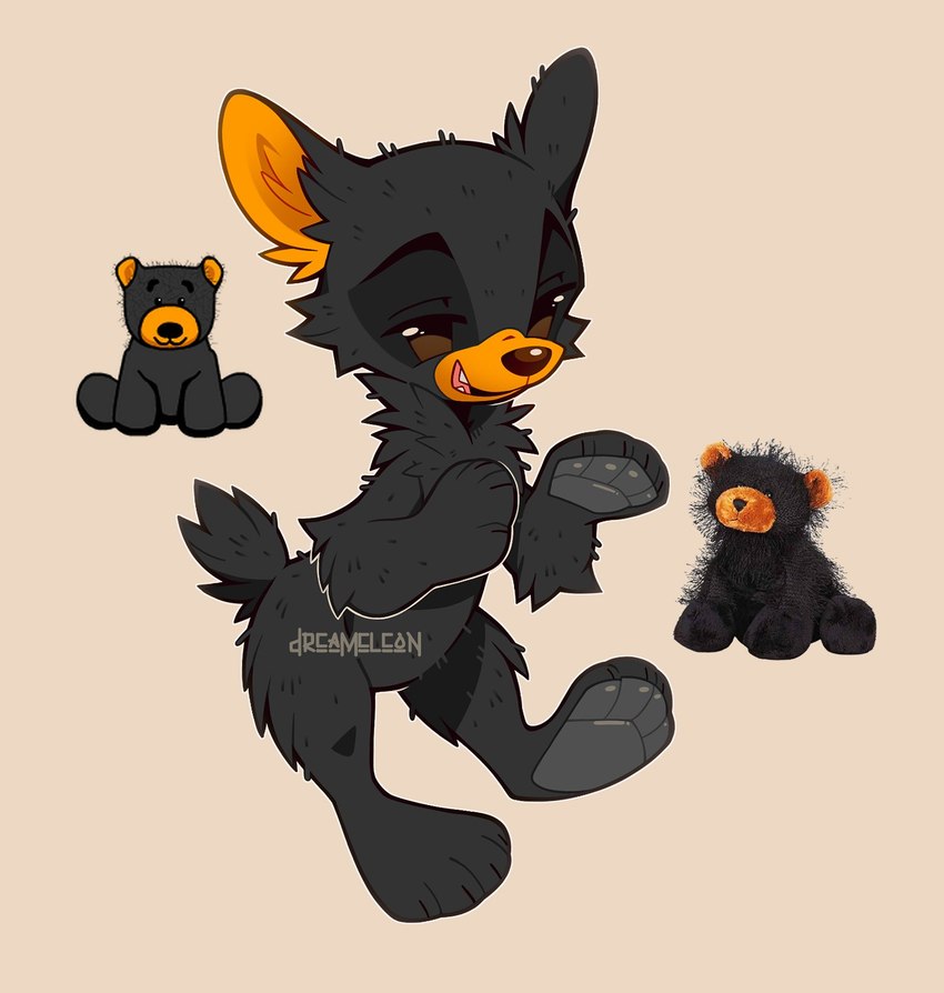 ambiguous_gender anthro black_body black_fur brown_eyes brown_inner_ear brown_nose chibi eyebrows featureless_crotch full_foot_pawpads fur grey_background grey_pawpads handpaw hindpaw nude open_mouth outline pawpads paws pink_tongue plantigrade_pawpads plushie real reference_image semi-anthro simple_background snout solo tail teeth tongue white_outline dreameleon webkinz bear black_bear mammal ursine 2024 cel_shading digital_drawing_(artwork) digital_media_(artwork) full-length_portrait hi_res portrait shaded