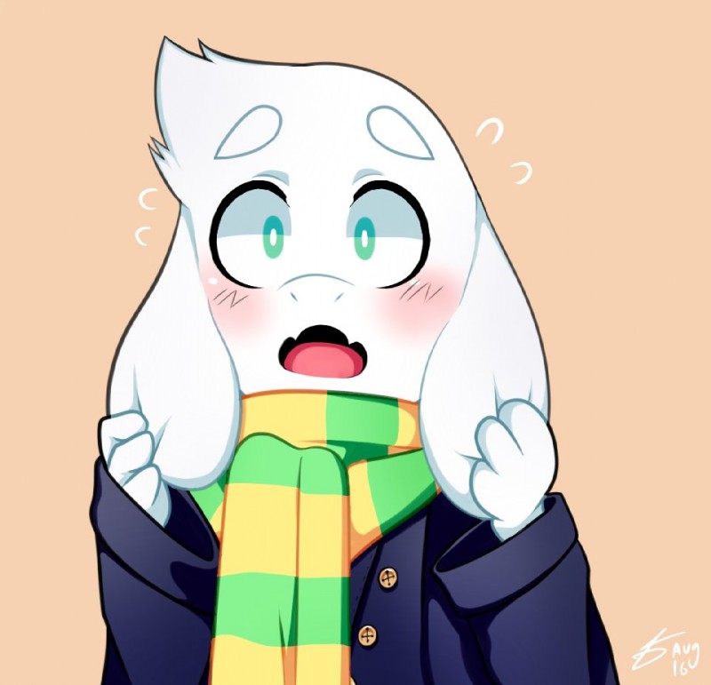 :o anthro blush close-up clothed clothing coat floppy_ears fur long_ears looking_at_viewer male open_mouth scarf sharp_teeth solo teeth tongue topwear young filtrandez undertale undertale_(series) asriel_dreemurr boss_monster_(undertale) bovid caprine goat mammal