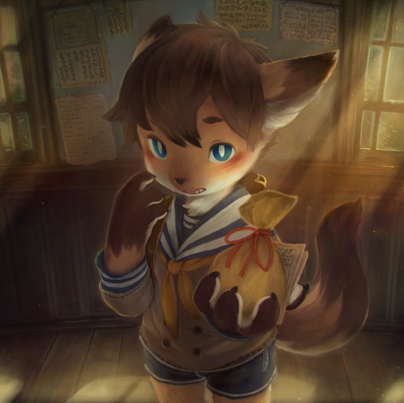 ambiguous_gender anthro blue_eyes blush brown_hair claws clothed clothing fangs hair holding_object inside looking_at_viewer solo standing teeth text two_tone_tail young young_anthro totatetta canid canine mammal 2018 hi_res japanese_text