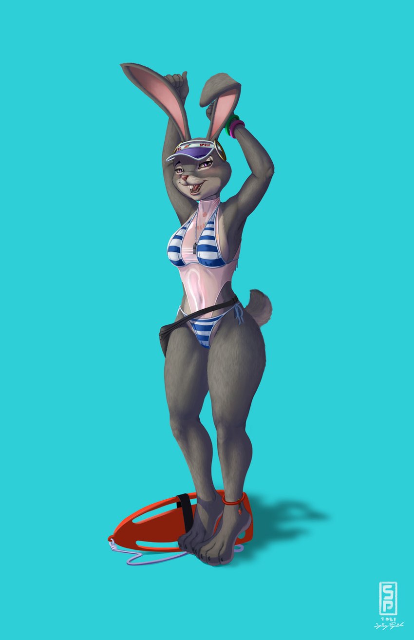 4_toes 5_fingers anthro bikini breasts buckteeth clothed clothing ear_piercing ear_ring feet female fingers lifeguard navel open_mouth piercing ring_piercing shadow simple_background solo standing swimwear teeth toes tongue two-piece_swimsuit whistle_(object) saddnesspony disney zootopia judy_hopps lagomorph leporid mammal rabbit 2021 hi_res