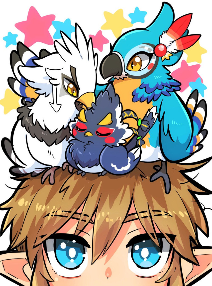 anthro beak blonde_hair blue_body blue_feathers feathers feral feralized group hair male sitting_on_another sitting_on_head white_body white_feathers popemadara breath_of_the_wild nintendo the_legend_of_zelda kass_(tloz) link revali teba_(tloz) avian bird humanoid hylian rito hi_res