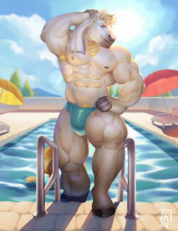 abs anthro armpit_hair blonde_hair blue_eyes body_hair bulge chest_hair clothed clothing cloud detailed_background fur hair hand_on_hip holding_object hooves looking_at_viewer male mane muscular muscular_anthro muscular_male navel nipples outside pubes sky solo speedo sun swimming_pool swimwear topless towel umbrella water white_body white_fur white_skin raytig12 remidragon equid equine horse mammal 2018 hi_res