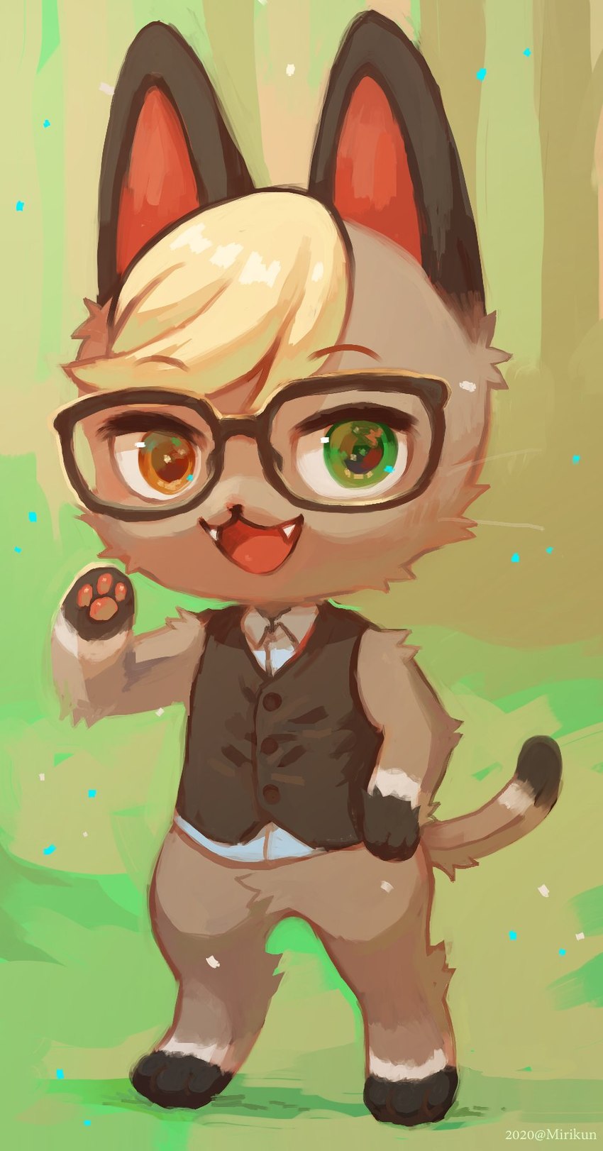 anthro biped chibi clothed clothing dipstick_tail eyebrow_through_hair eyebrows eyewear fur glasses green_eyes grey_body grey_fur hair heterochromia male markings open_mouth open_smile pawpads smile solo tail tail_markings translucent translucent_hair miri animal_crossing nintendo raymond_(animal_crossing) domestic_cat felid feline felis mammal hi_res