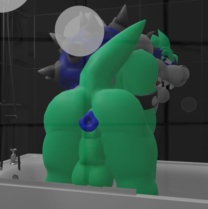 against_surface anthro anus ass_on_glass balls bathroom bathtub butt genitals glass looking_at_viewer male nude on_glass shower smile solo spikes avoid_posting goeybowser kabalmystic_(artist) mario_bros nintendo bowser fan_character gowser_(goeybowser) koopa scalie 2022 3d_(artwork) blender_(artwork) digital_media_(artwork)