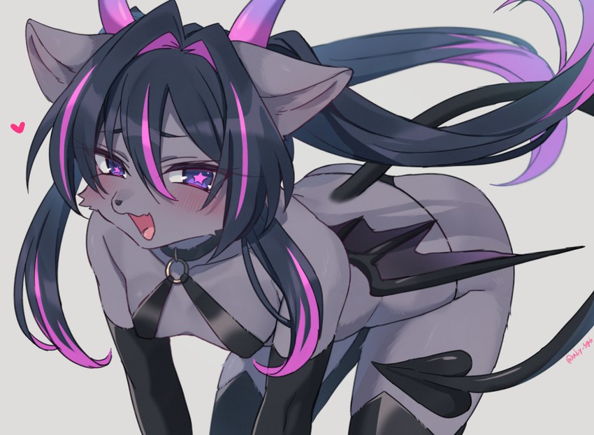 all_fours anthro blush breasts clothing female fur grey_body grey_fur horn open_mouth open_smile panties purple_eyes side-tie_panties simple_background smile solo spade_tail tail underwear wings sgsix felid mammal succubus 2022