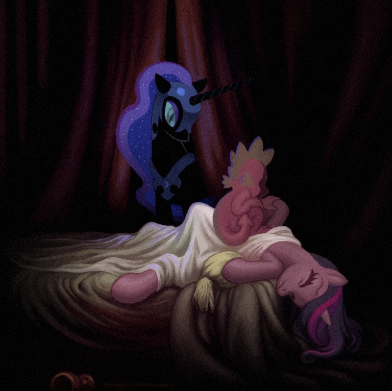 armor bed bed_sheet bedding canopy_bed container cup curtains dark dream eyes_closed female furniture goblet group headgear helmet horn lying male nightmare on_back sitting sleeping standing wings chaosrruruus henry_fuseli friendship_is_magic hasbro my_little_pony mythology the_nightmare nightmare_moon_(mlp) spike_(mlp) twilight_sparkle_(mlp) dragon equid equine mammal mythological_creature mythological_equine mythological_scalie scalie unicorn winged_unicorn 2014 dark_theme digital_media_(artwork) digital_painting_(artwork) inspired_by_formal_art