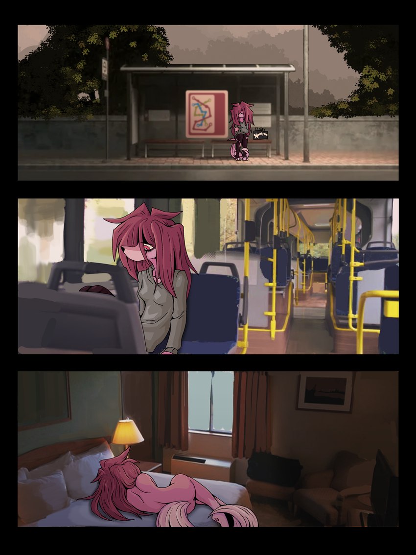 anthro bed bus bus_stop clothing commercial_vehicle defeated depression female furniture hair homeless hoodie inside_bus legwear messy_hair motel nude red_eyes sad solo stockings topwear torn_clothing torn_legwear torn_stockings vehicle ponporio homeless_dog canid canine mammal 3:4 absurd_res comic hi_res