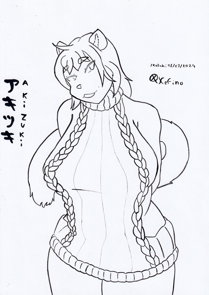 anthro big_breasts bottomless breasts clothed clothing female french_artist huge_breasts looking_at_viewer mature_female slightly_chubby slightly_chubby_female solo sweater sweater_only tail thick_thighs topwear topwear_only virgin_killer_sweater wide_hips xefino meme_clothing akizuki_(xefino) domestic_cat felid feline felis mammal absurd_res hi_res meme monochrome sketch traditional_media_(artwork) unfinished