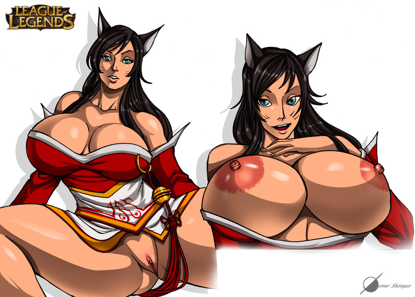 big_breasts breasts cleavage clothed clothing female genitals huge_breasts nipples no_underwear pussy solo spread_legs spreading osmar-shotgun league_of_legends riot_games tencent ahri_(lol) animal_humanoid felid felid_humanoid feline feline_humanoid humanoid mammal mammal_humanoid absurd_res hi_res