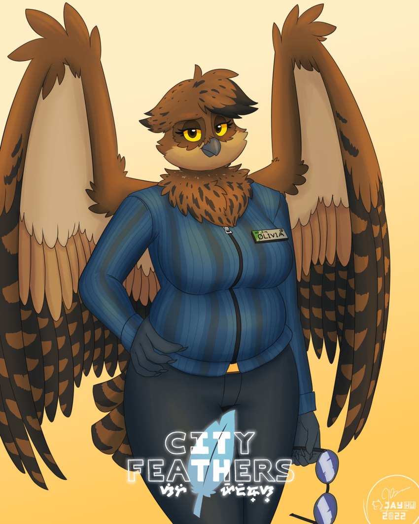 5_fingers anthro back_wings beak big_breasts big_wings blue_clothing blue_topwear bottomwear breasts brown_body brown_eyes brown_feathers brown_highlights cheek_tuft chest_tuft claws clothing curvy_figure eyelashes eyewear facial_tuft feathers female fingers glasses gradient_background grey_beak grey_bottomwear grey_claws grey_clothing grey_pants half-closed_eyes hand_on_hip head_tuft highlights_(coloring) holding_eyewear holding_glasses holding_object logo looking_at_viewer name_tag narrowed_eyes pants pattern_clothing pattern_topwear simple_background solo speckled striped_clothing striped_feathers striped_topwear stripes tail tail_feathers topwear tuft voluptuous wing_tuft wings yellow_background yellow_belt_buckle yellow_sclera sammfeatblueheart city_feathers olivia_(sammfeatblueheart) avian bird horned_owl owl true_owl 2022 4:5 artist_logo hi_res shaded signature