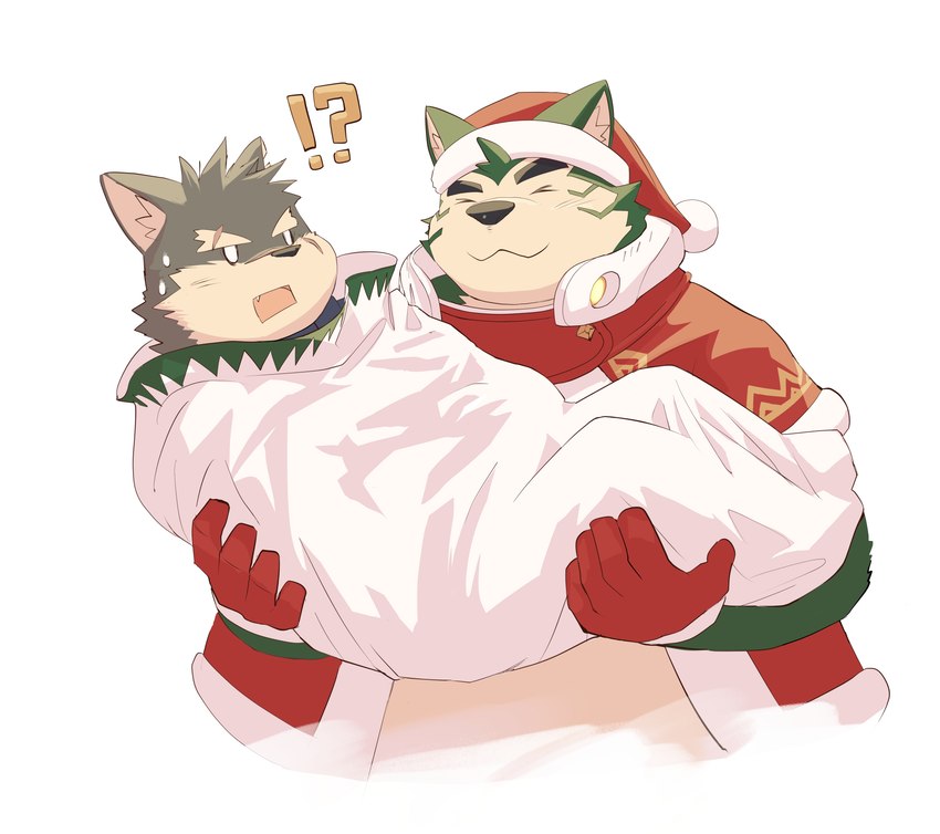 anthro bridal_carry carrying_another christmas_clothing christmas_headwear clothing duo embarrassed eyebrows fur green_body green_fur grey_body grey_fur hat headgear headwear holidays male present_sack santa_hat scar thick_eyebrows inutora08 christmas lifewonders live_a_hero tokyo_afterschool_summoners mokdai moritaka_(tas) canid canine canis domestic_dog mammal absurd_res crossover hi_res