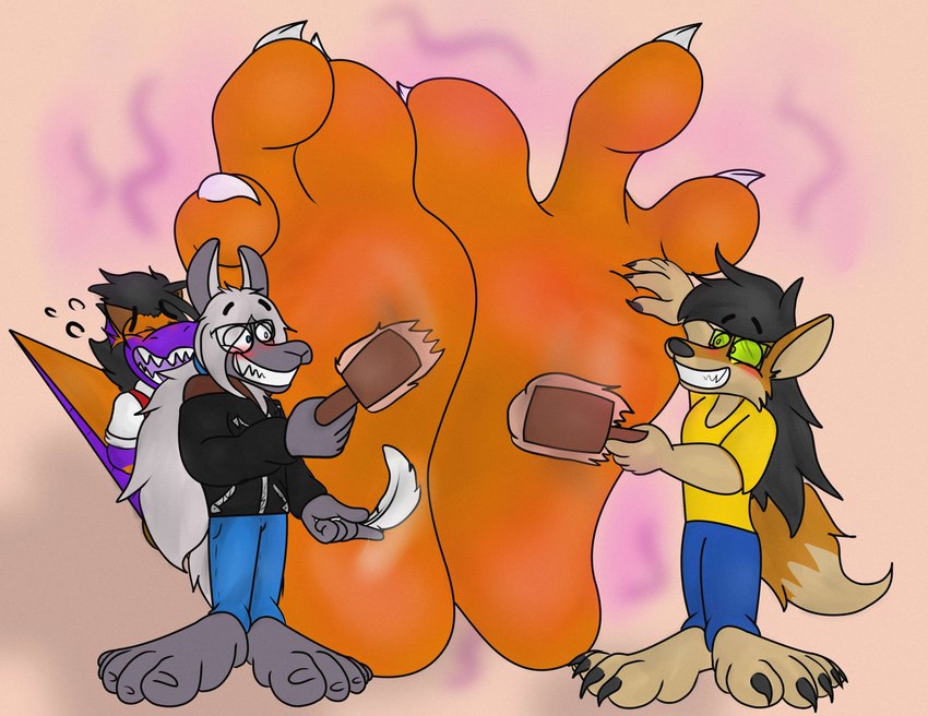 anthro big_feet big_toes blush claws feet grin group huge_feet huge_toes humanoid_feet hyper hyper_feet hyper_toes laugh male pheromones plantigrade simple_background smile stink_fumes stink_lines tan_background tickling tickling_feet toes trio skonczonyidiota mythology camelid canid canine canis coyote dragon llama mammal mythological_creature mythological_scalie scalie hi_res