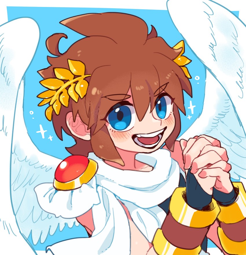 5_fingers blush brown_hair clothing feathered_wings feathers fingers hair light_body light_skin looking_at_viewer male not_furry open_mouth open_smile simple_background smile solo wings butanchu0426 kid_icarus nintendo pit_(kid_icarus) angel humanoid winged_humanoid absurd_res hi_res