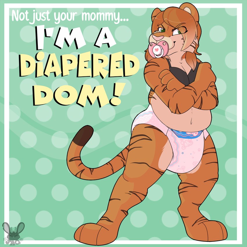 anthro brown_stripes bunnyhopps_(diaper) clean_diaper clothed clothing crossed_arms diaper diapered_dominant female fur green_eyes hair multicolored_body multicolored_fur multicolored_hair object_in_mouth orange_body orange_fur overweight pacifier pacifier_in_mouth pink_diaper role_reversal slightly_chubby smile smirk solo stripes two_tone_body two_tone_fur two_tone_hair wearing_diaper heyitsjaq abuniverse bunnyhopps lisa_(tiger) felid mammal pantherine tiger 1:1 hi_res trans_(lore) trans_woman_(lore)