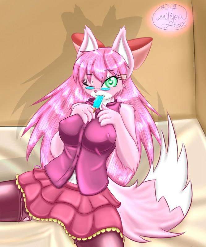 anthro big_breasts biped breasts clothed clothing eyewear female fur glasses hair heart_eyes heart_symbol kemono looking_at_viewer multicolored_body multicolored_fur pink_body pink_fur pink_hair sitting smile solo white_body white_fur milkteafox ruby_fox canid canine fox mammal 2016 5:6 absurd_res digital_media_(artwork) hi_res