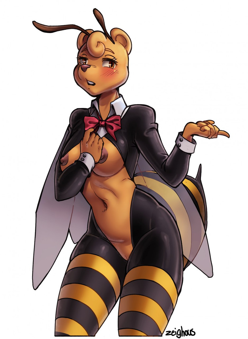 antennae_(anatomy) anthro bee_costume blush bottomless bow_tie breasts clothed clothing female genitals legwear nipples pattern_clothing pattern_legwear pattern_stockings pussy skimpy solo standing stinger stockings striped_clothing striped_legwear striped_stockings stripes thigh_highs wings zeighous arthropod bear bee hybrid hymenopteran insect mammal digital_media_(artwork) hi_res shaded