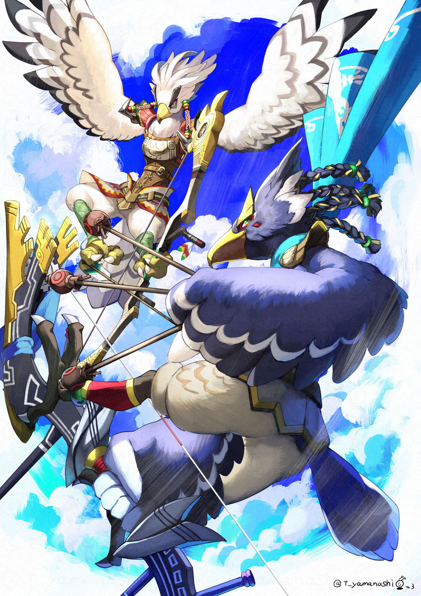 anthro bow_(weapon) clothing duo feathers foot_archery great_eagle_bow male ranged_weapon weapon t_yamanashi breath_of_the_wild nintendo the_legend_of_zelda revali teba_(tloz) avian bird rito hi_res