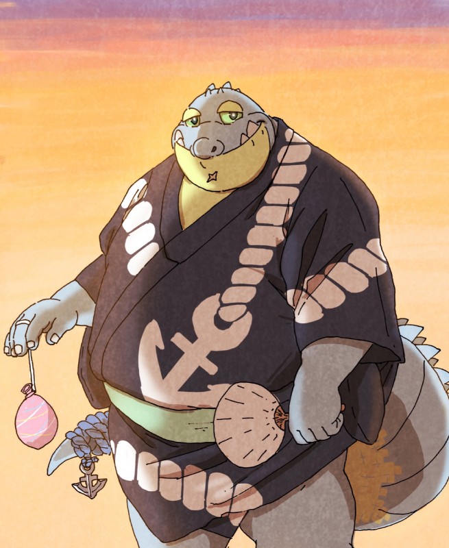 asian_clothing attached_to_balloon balloon belly clothing east_asian_clothing hand_fan inflatable japanese_clothing male overweight overweight_male slightly_chubby solo sunset uchiwa_fan yukata rentcg lifewonders tokyo_afterschool_summoners makara_(tas) crocodile crocodilian reptile scalie hi_res