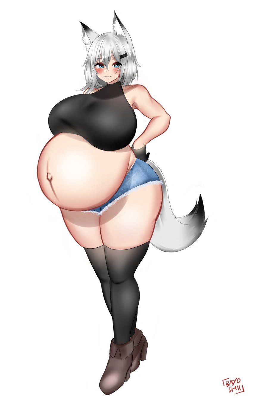 belly big_belly big_breasts blush bottomwear breasts clothing denim denim_bottomwear denim_clothing denim_shorts female knee_highs legwear looking_at_viewer navel pregnant pregnant_female pregnant_humanoid shorts solo wide_hips bayoshii animal_humanoid canid canid_humanoid canine canine_humanoid fox_humanoid humanoid mammal mammal_humanoid hi_res