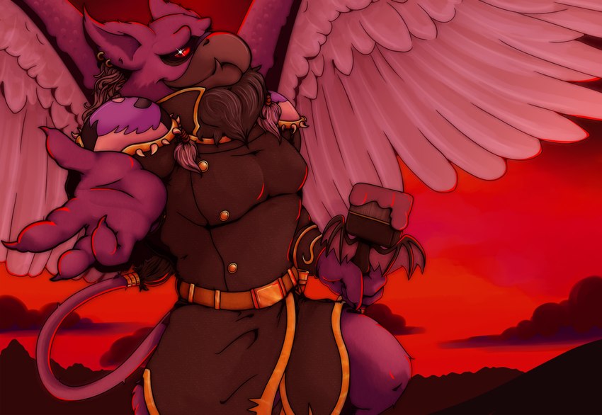 4_fingers anthro armor beak belt belt_buckle biped brush buckle clothing cloud ear_piercing feathered_wings feathers fingers fur looking_at_viewer male male_anthro monotone_body muscular muscular_anthro muscular_male neck_tuft paintbrush paintbrush_(neopets) pauldron piercing purple_body purple_feathers purple_fur reaching_towards_viewer red_eyes red_sclera red_sky shirt sky solo sparkles sparkling_eyes standing tail topwear tuft tunic wings m00ntw0_(artist) mythology neopets lord_kass avian darigan_neopet eyrie_(neopets) gryphon mythological_avian mythological_creature neopet_(species) colored hi_res shaded