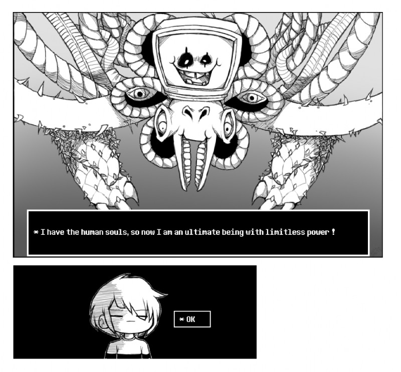 ambiguous_gender duo eyes_closed parody plant text theminisculemakahiya okay_(meme) one-punch_man one_(manga) undertale undertale_(series) flowey_the_flower frisk_(undertale) photoshop_flowey saitama_(one-punch_man) human mammal monster crossover english_text greyscale meme monochrome