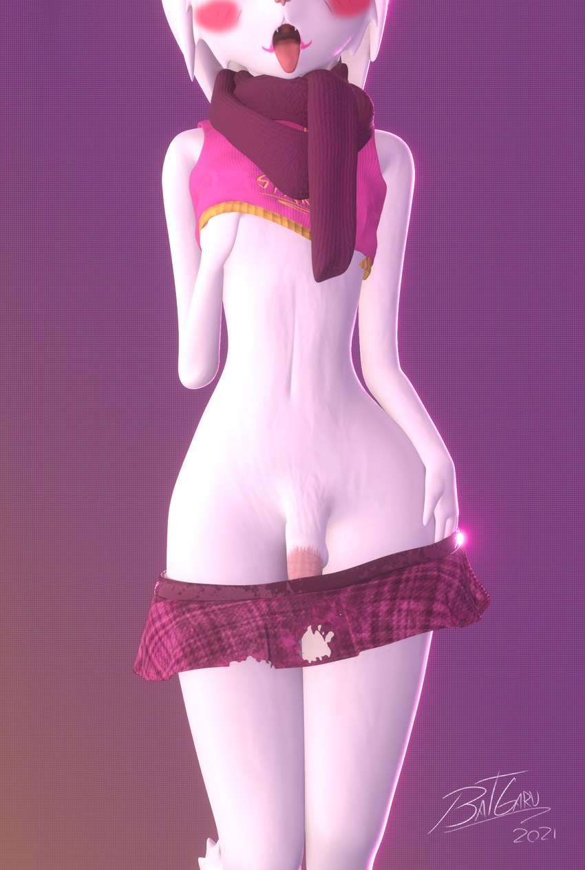 anthro blush bottomwear clothed clothing fangs femboy fur genitals male microskirt miniskirt mostly_nude no_underwear open_mouth out_of_frame partially_clothed penis pink_nose pink_penis scarf simple_background skimpy skirt solo standing teeth tongue tongue_out torn_clothing torn_skirt white_body white_fur young batgaru chloe_(batgaru) ambiguous_species 3d_(artwork) digital_media_(artwork) hi_res signature