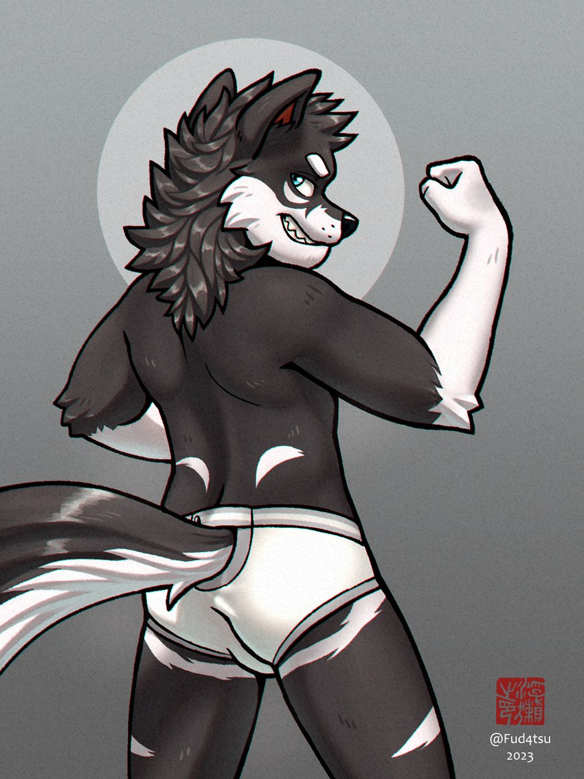 anthro black_body black_fur black_nose briefs briefs_only butt clothed clothing detailed_background flexing_muscles fur furgonomics gloves_(marking) grey_background grin male markings multicolored_body multicolored_fur open_mouth rear_view sharp_teeth simple_background skinny_male smile solo standing tail tail_clothing teeth teeth_showing tighty_whities topless topless_anthro topless_male two_tone_body two_tone_fur underwear underwear_only white_body white_briefs white_clothing white_fur white_underwear fudatsu canid canine canis domestic_dog husky mammal nordic_sled_dog spitz 2023 3:4 hi_res portrait three-quarter_portrait