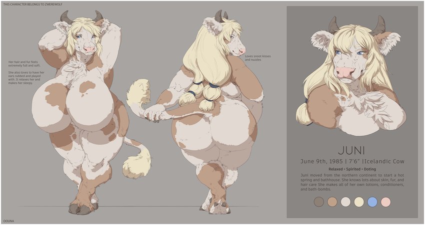 anthro big_breasts big_butt biped blonde_hair border breasts butt color_swatch featureless_breasts female fingers hair hooves horn huge_breasts solo tail tail_tuft text tuft white_border conditional_dnp oouna juni_(zwerewolf) bovid bovine cattle mammal english_text hi_res model_sheet