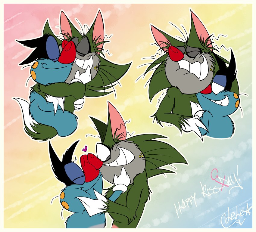 :3 anthro blue_body blue_fur border duo eyes_closed face_squish fur green_body green_fur heart_symbol hug kissing love male male/male rainbow_background red_nose simple_background smile squish text white_border lelestar oggy_and_the_cockroaches jack_(oggy_and_the_cockroaches) oggy_(character) domestic_cat felid feline felis mammal english_text hi_res painting_(artwork) traditional_media_(artwork) watercolor_(artwork) watermark