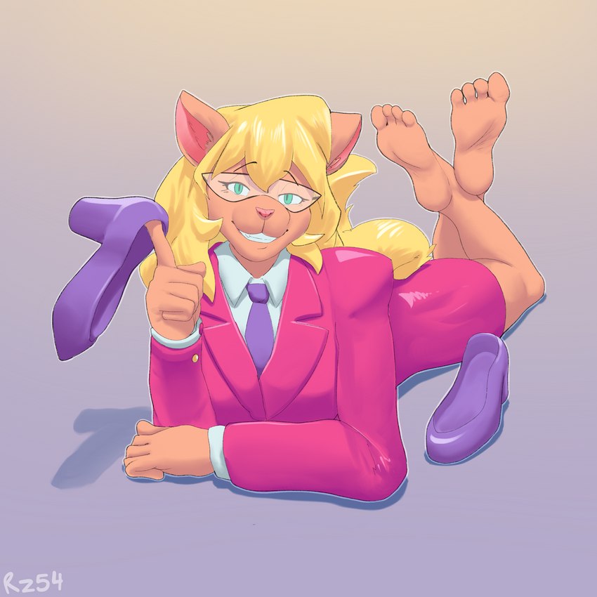 4_toes anthro barefoot blonde_hair business_suit calves_up clothed clothing crossed_ankles eyewear feet female glasses green_eyes grin hair humanoid_feet looking_at_viewer lying on_front pink_clothing pink_suit plantigrade shoes_removed smile soles solo suit the_pose toes rz54 hanna-barbera swat_kats callie_briggs domestic_cat felid feline felis mammal 1:1 absurd_res hi_res