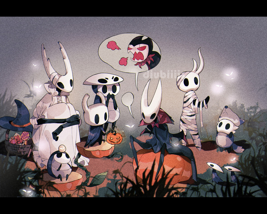 2_horns ambiguous_gender anthro bandage basket biped black_bars black_body black_eyes blue_cloak blue_clothing candy cloak clothed clothing container costume dessert empty_eyes feral fingers food fruit group hat headgear headwear holidays horn jack-o'-lantern larger_ambiguous leaf looking_at_another mask open_mouth outside plant pumpkin red_eyes shadow sitting size_difference smaller_ambiguous standing text white_clothing witch_hat diubiiii halloween hollow_knight_(franchise) team_cherry broken_vessel_(hollow_knight) grimm_(hollow_knight) hollow_knight_(character) hornet_(hollow_knight) myla_(hollow_knight) quirrel_(hollow_knight) the_knight_(hollow_knight) arachnid arthropod insect spider vessel_(species) 2020 artist_name english_text hi_res letterbox sibling_(lore)