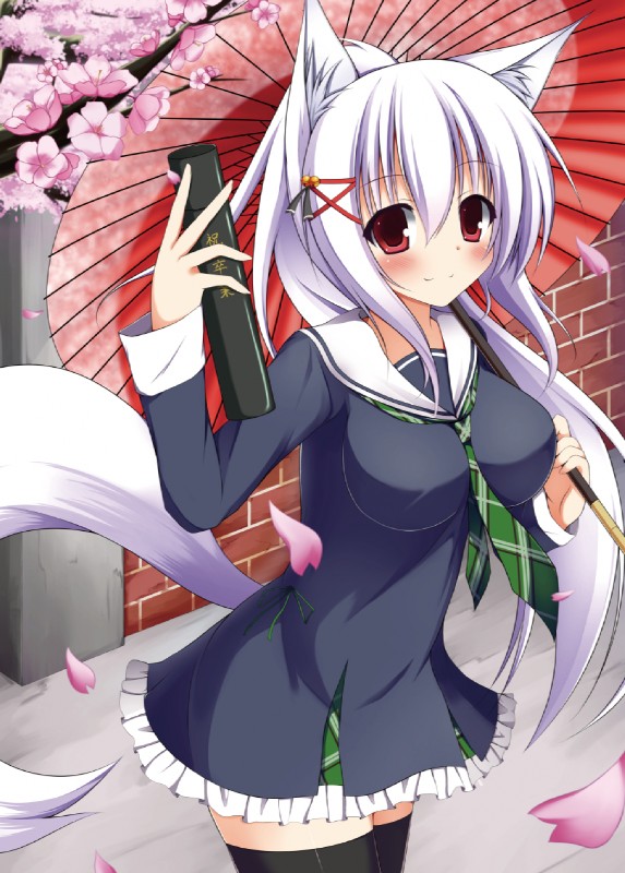 black_clothing black_legwear blush breasts cherry_blossom clothing female flower fox_tail graduation hair legwear long_hair looking_at_viewer necktie oil-paper_umbrella plant prunus_(flower) red_eyes smile solo thigh_highs umbrella mikomiko_masimaro kazamatsuri_kazari animal_humanoid canid canid_humanoid canine canine_humanoid fox fox_humanoid humanoid mammal mammal_humanoid hi_res