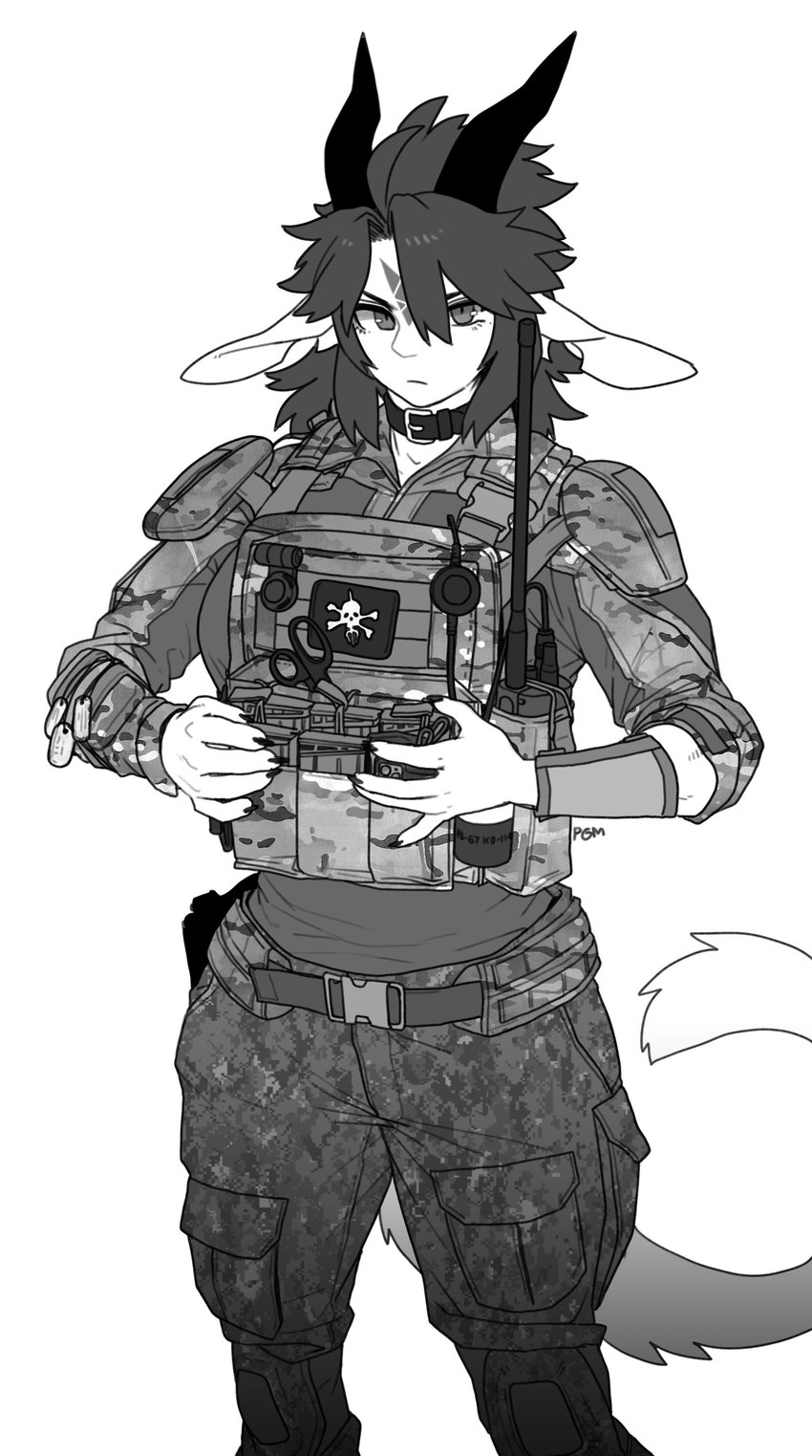 anthro bottomwear bulletproof_vest camo camo_print clothing collar eyebrows female fur hair horn humanoid_face pants solo uniform pgm300 escape_from_tarkov mythology chabett dragon furred_dragon furred_scalie mythological_creature mythological_scalie scalie wingless_dragon 2024 absurd_res hi_res monochrome