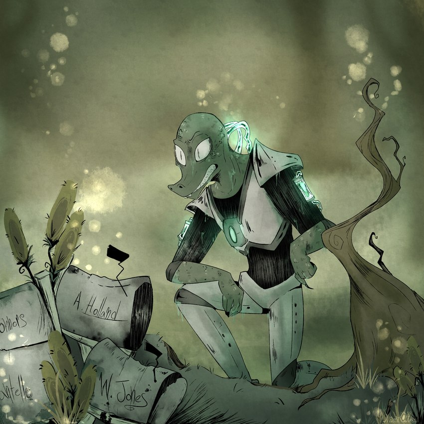 anthro cable glowing high_tech_armor mailbox male solo swamp urbanqhoul night_in_the_woods zoo_52 bea_santello killer_croc crocodile crocodilian reptile scalie 1:1 absurd_res digital_media_(artwork) hi_res