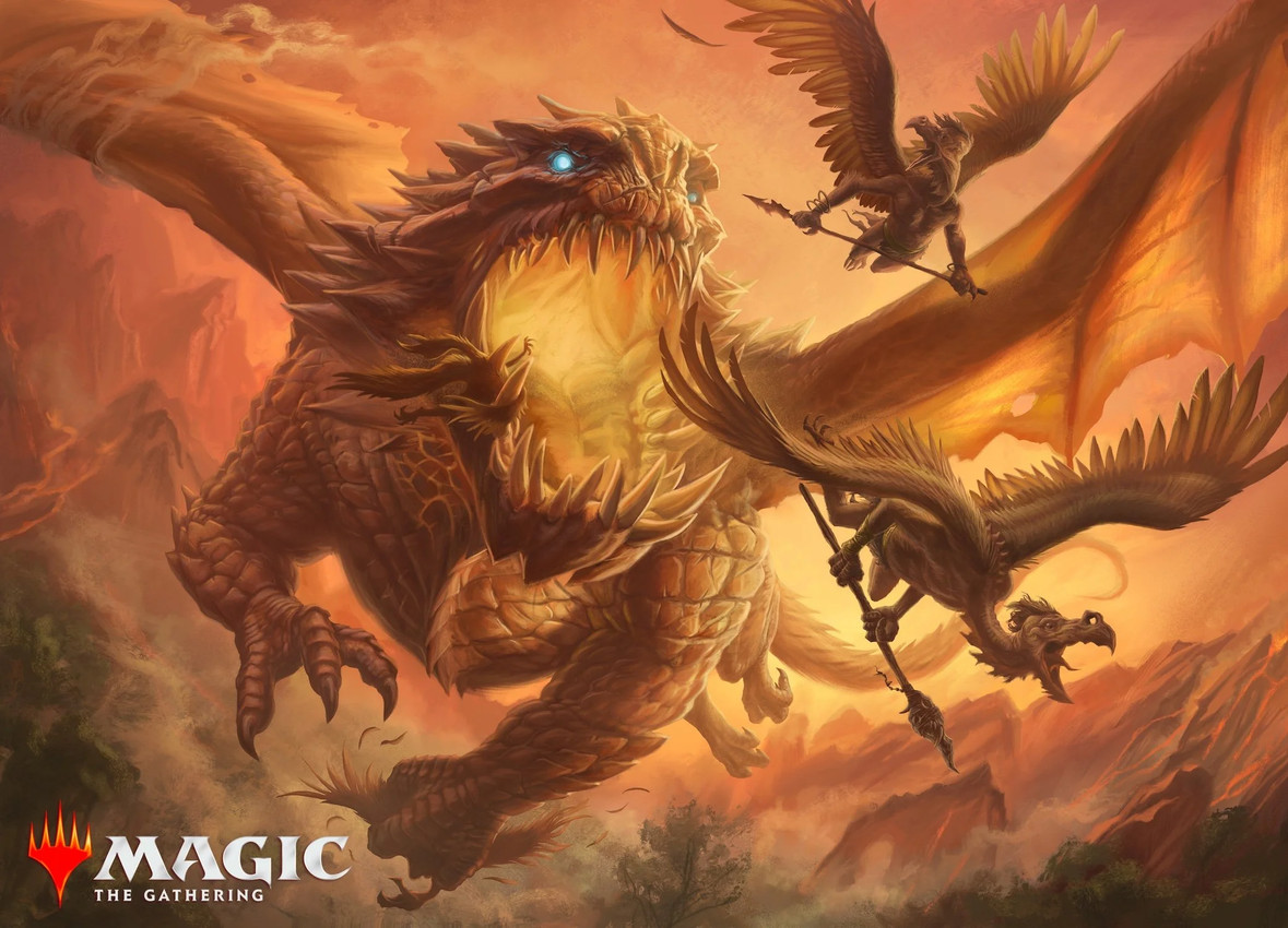 ambiguous_gender anthro beak feathered_wings feathers feral flying forest glowing glowing_eyes group holding_character holding_melee_weapon holding_object holding_polearm holding_spear holding_weapon in_mouth looking_back male melee_weapon membrane_(anatomy) membranous_wings mountain open_mouth outside plant polearm sharp_teeth size_difference smoke spear tail teeth tree weapon wings josiahcameron hasbro magic:_the_gathering mythology wizards_of_the_coast avian dragon mythological_creature mythological_scalie scalie hi_res official_art