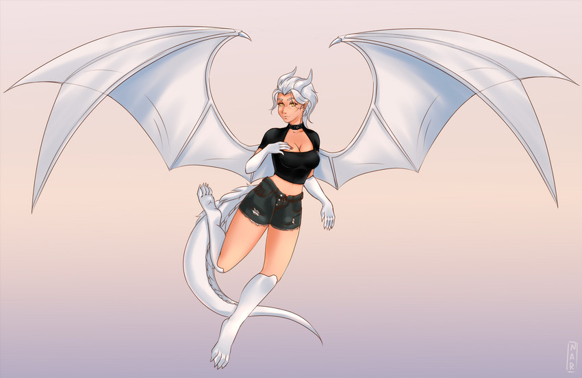 bottomwear breasts butt choker cleavage clothed clothing female fur hair horn jewelry looking_at_viewer membrane_(anatomy) membranous_wings midriff necklace paws scales shirt shorts simple_background smile solo tail topwear undershirt white_background white_body wings yellow_eyes narikusha mythology twokinds lady_nora_(twokinds) animal_humanoid dragon dragon_humanoid horned_humanoid humanoid mythological_creature mythological_scalie scalie tailed_humanoid digital_media_(artwork) full-length_portrait hi_res portrait sketch