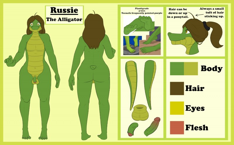 4_toes anthro balls barefoot biped butt erection feet flaccid foreskin genitals green_balls hair humanoid_genitalia humanoid_penis looking_at_viewer male nude partially_retracted_foreskin penis ponytail retracted_foreskin side_view simple_background solo standing text toes yellow_eyes dr_zombie russie alligator alligatorid crocodilian reptile scalie 2016 digital_media_(artwork) english_text hi_res model_sheet