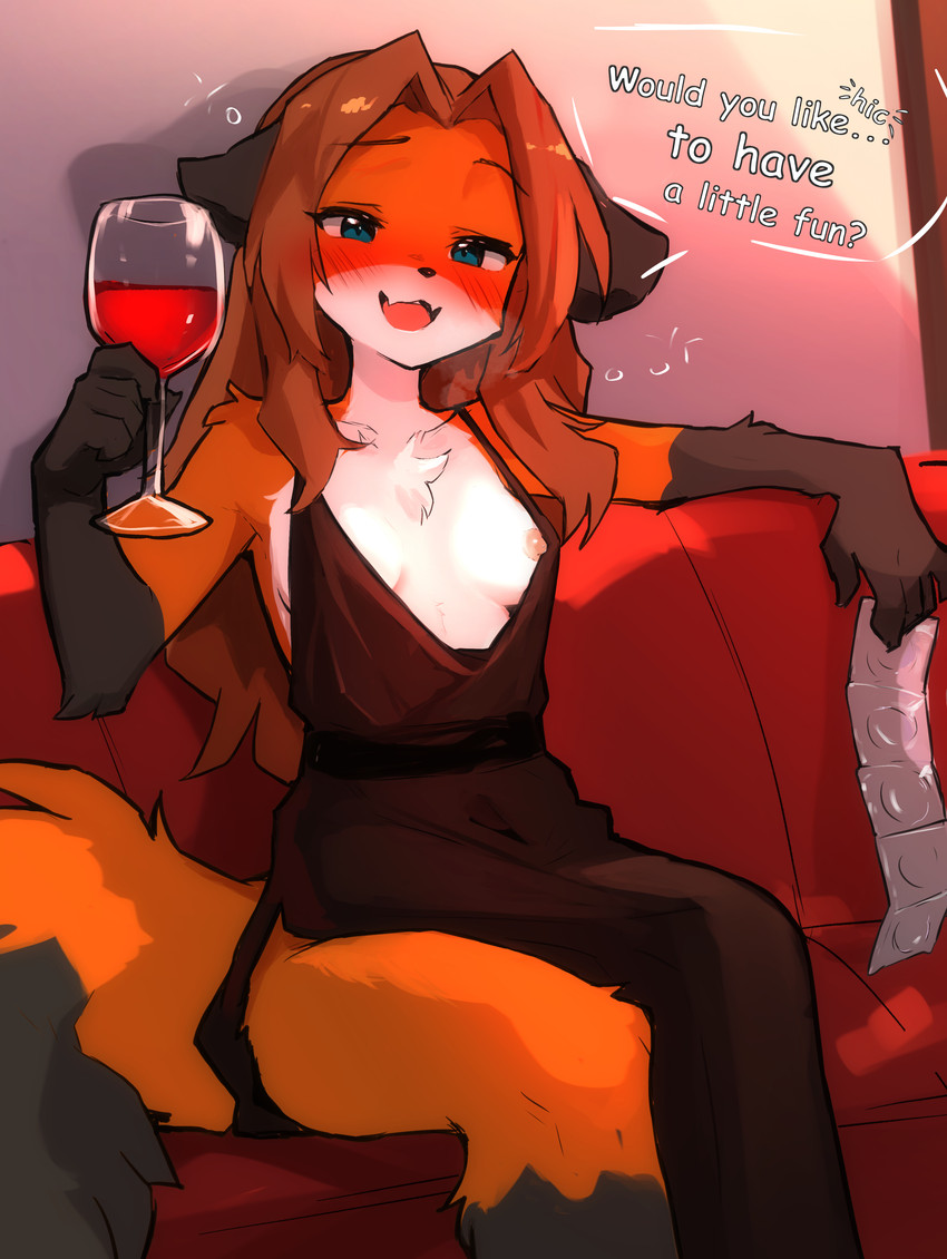 alcohol anthro arm_tuft beverage black_clothing black_dress blue_eyes blush blush_lines brown_hair brown_hands bubble chest_tuft clothing condom container cup dialogue dipstick_tail dress drinking_glass drunk drunk_bubble female fur furniture glass glass_container glass_cup gloves_(marking) hair holding_beverage holding_container holding_cup holding_drinking_glass holding_object holding_wine_glass leg_markings long_hair markings nipple_slip nipples on_sofa orange_body orange_fur sexual_barrier_device shoulder_tuft sitting socks_(marking) sofa solo substance_intoxication tail tail_markings talking_to_viewer text tuft wine wine_glass lilkon twokinds laura_(twokinds) canid canine fox keidran mammal absurd_res english_text hi_res