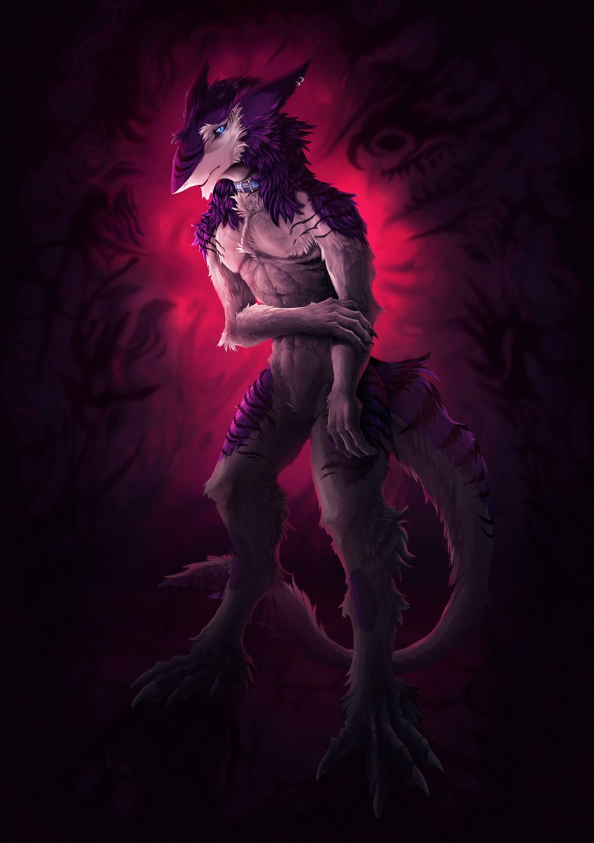 abs black_sclera blue_eyes claws collar featureless_crotch long_tail looking_at_viewer male nervous solo standing tail tail_tuft tuft dousbrata riley_(jendays) sergal absurd_res hi_res