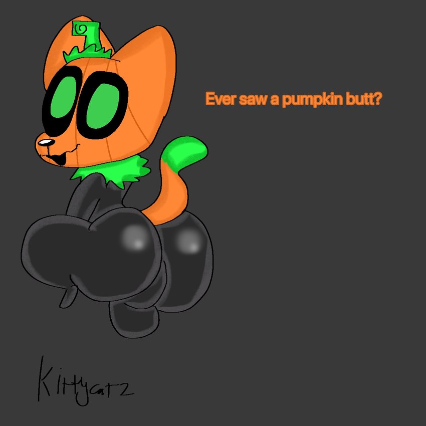 anthro balls big_balls big_butt black_body black_fur butt food fruit fur genitals green_eyes huge_balls huge_butt looking_at_viewer male orange_body orange_fur plant pumpkin remake simple_background solo text kittycatz pumkat domestic_cat felid feline felis mammal 1:1 english_text hi_res watermark