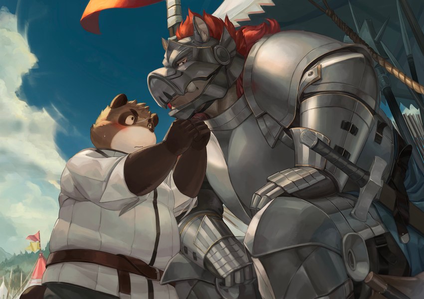 anthro armor biped blush bodily_fluids brown_body cloud detailed_background duo humanoid_hands kemono male outside overweight overweight_male sitting sweat nion canid canine mammal raccoon_dog suid suine sus_(pig) tanuki wild_boar 2022 absurd_res hi_res