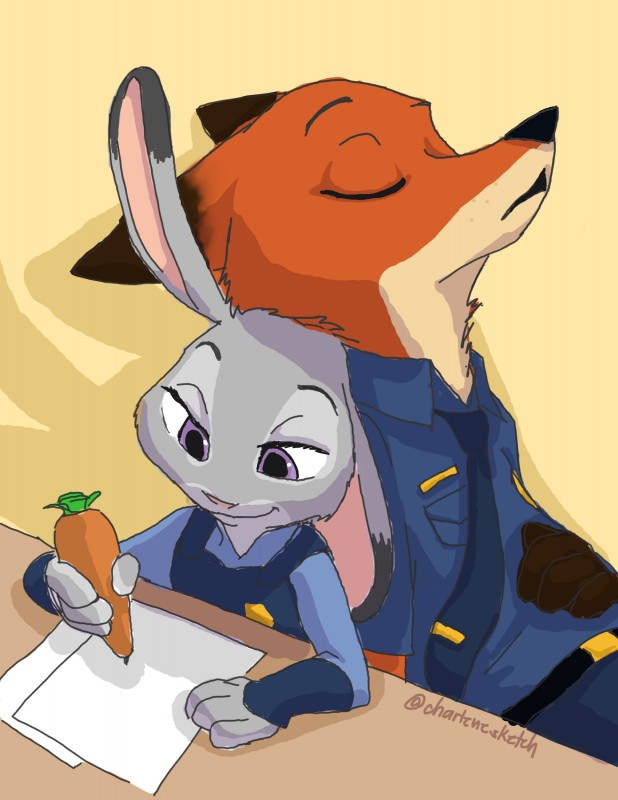 4_fingers anthro black_nose carrot_pen clothed clothing dipstick_ears duo ear_markings eyes_closed female fingers fur grey_body grey_fur holding_object holding_pen holding_writing_utensil male multicolored_ears orange_body orange_fur paper pen pink_nose police police_uniform purple_eyes simple_background sleeping smile themed_object uniform writing_utensil yellow_background charlenesketch disney zootopia judy_hopps nick_wilde canid canine fox lagomorph leporid mammal rabbit red_fox true_fox 2016 absurd_res hi_res