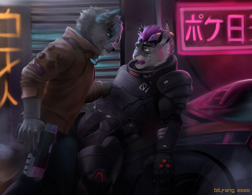 anthro anthro_on_anthro clothed clothing duo ear_piercing fangs gun hair holding_gun holding_object holding_ranged_weapon holding_weapon interspecies male male/male open_mouth piercing purple_hair ranged_weapon smile tail teeth text weapon bitfang cyberpunk_2077 canid canine felid feline mammal absurd_res hi_res japanese_text