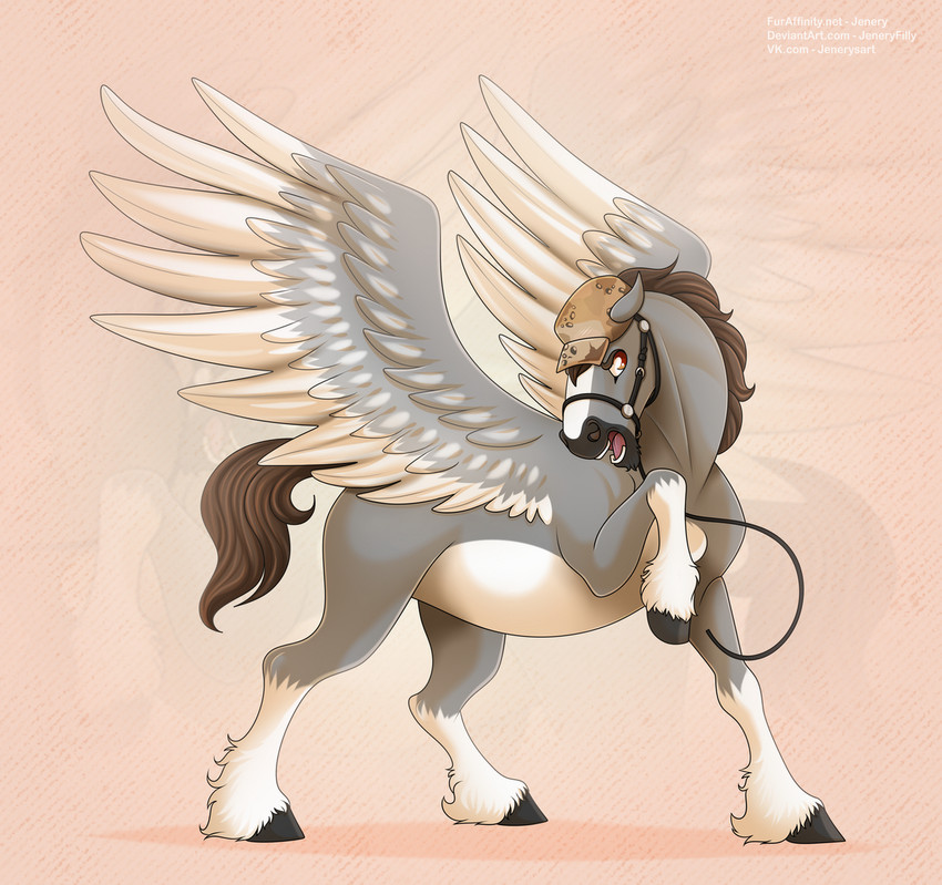 angry bridle brown_eyes brown_hair feathers feral grey_body hair hooves male markings military_hat quadruped reins solo white_markings wings jenery mythology dallas_prairiewind equid equine mammal mythological_creature mythological_equine pegasus 2020 digital_media_(artwork) hi_res